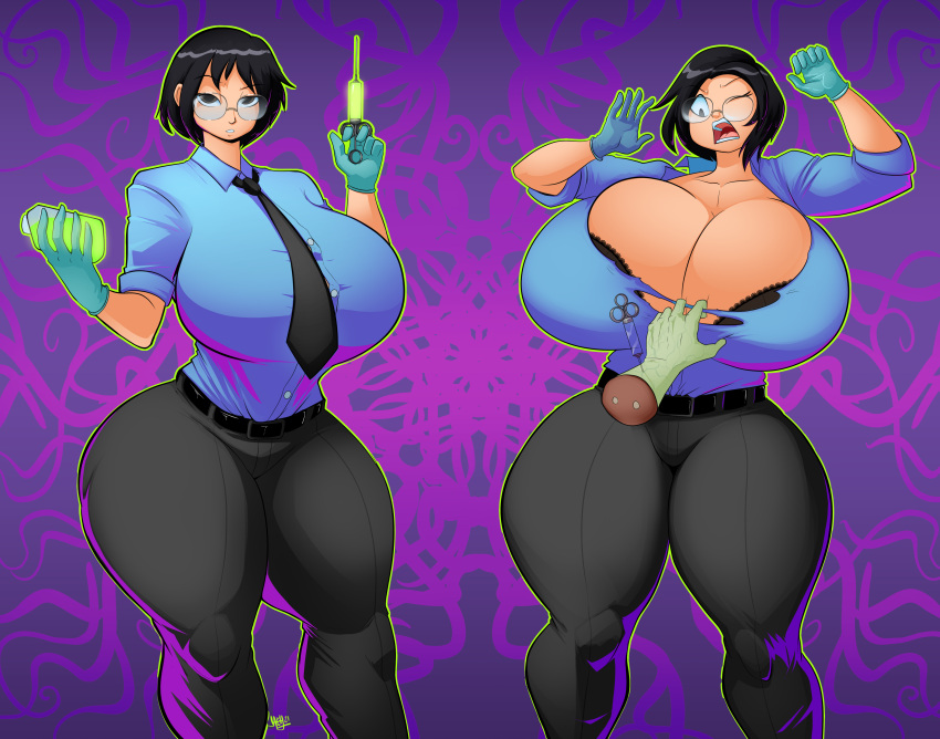 1girls black_hair breasts dr._hilda_(jaeh) female female_only genderswap_(mtf) gigantic_breasts glasses gray_eyes herbert_west huge_ass huge_breasts human human_only jaeh needle purple_background re-animator rule_63 thick_thighs