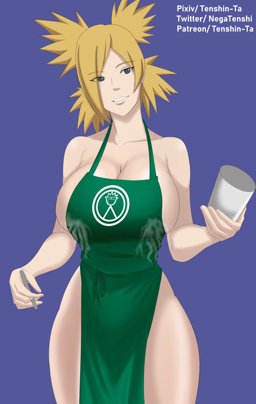 1girls apron big_breasts blonde_hair boruto:_naruto_next_generations breasts cup erect_nipples erect_nipples_under_clothes eyebrows_visible_through_hair eyes_visible_through_hair female functionally_nude holding_object huge_breasts iced_latte_with_breast_milk lactation mature mature_female meme milf mostly_nude naked_apron naruto naruto_(series) nipples pen quad_tails smile solo solo_focus teal_eyes temari tenshin-ta waitress