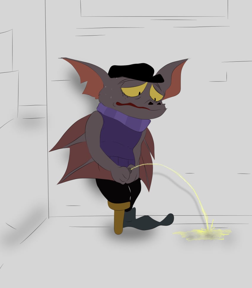 anthro bodily_fluids chiropteran desperation disney fidget_the_bat genital_fluids genitals hi_res holding_penis illegaleel male mammal omorashi peeing pegleg penis poking_out public_urination relief simple_background solo sweat the_great_mouse_detective urine urine_stream watersports