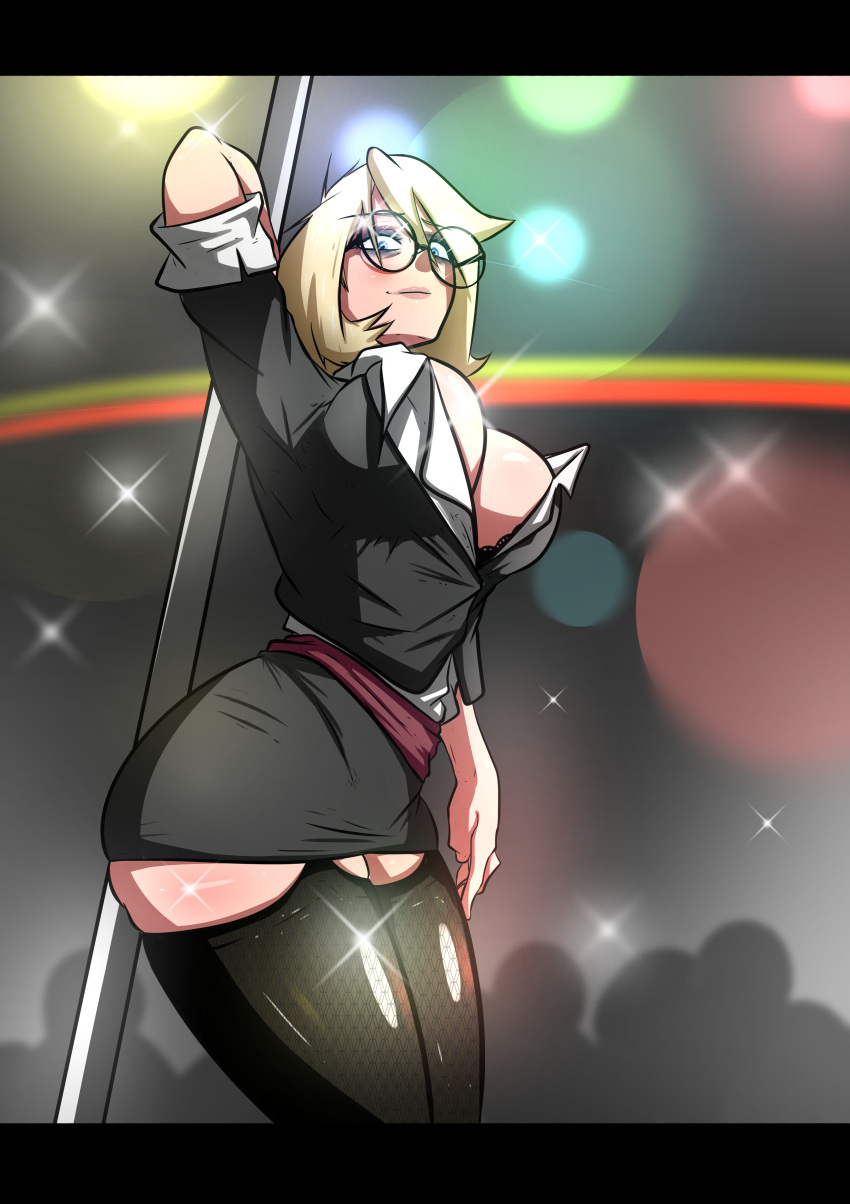 1girls ass big_breasts blonde_hair blue_eyes breasts business_suit business_woman busty female female_focus female_only glasses hourglass_figure microchip_(artist) milf miniskirt office_lady original original_character pose posing quinn's_mom_(microchip) short_hair skirt sleeves_rolled_up solo stripper_pole tagme thick_thighs thighhighs wide_hips