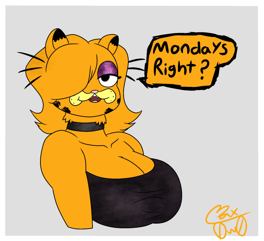 clothed eyeshadow female furry garfield_(series) garfield_the_cat gothfield huge_breasts max0w0 orange_fur orange_hair purple_eyeshadow tube_top