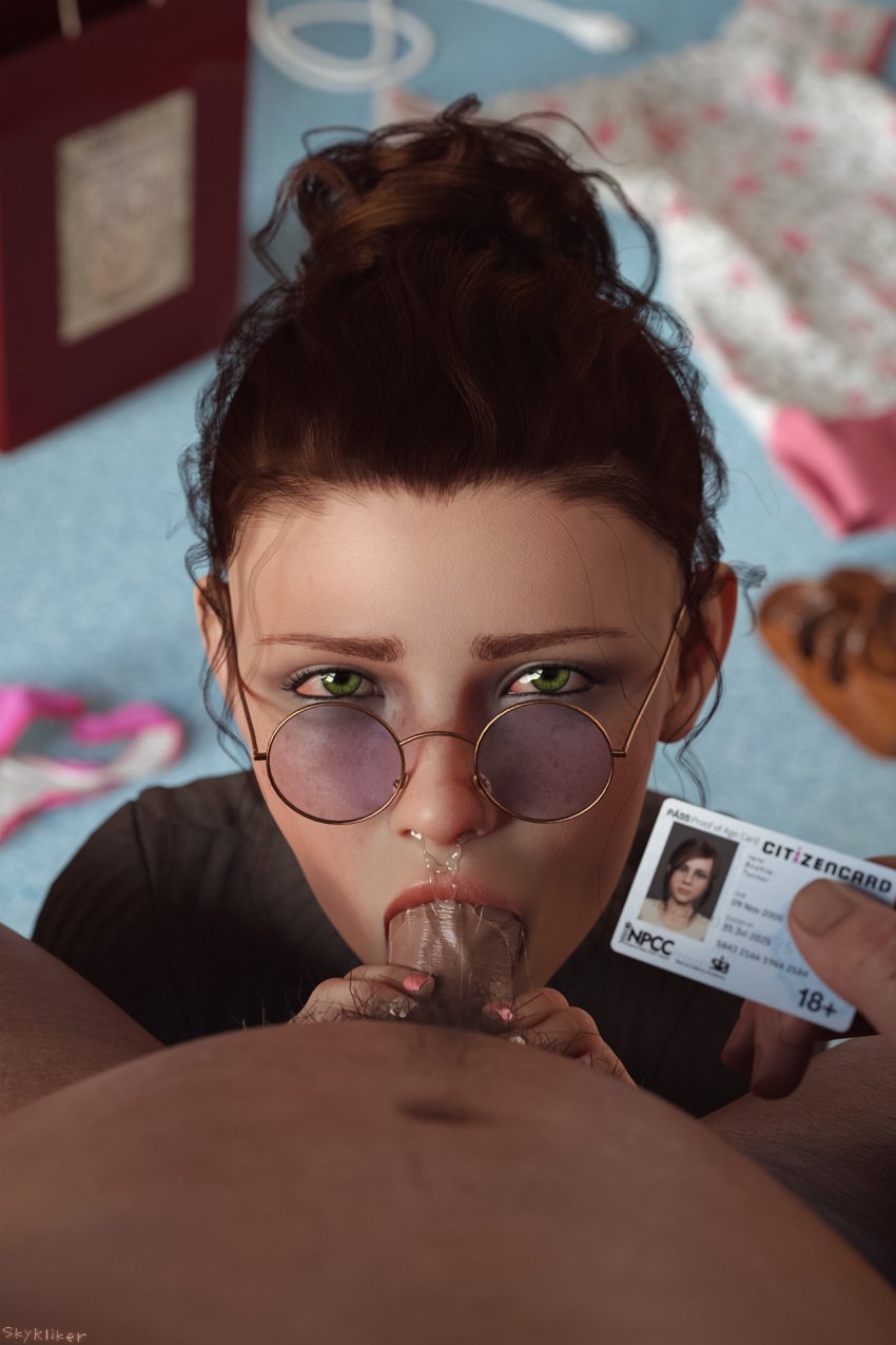 3d 3d_(artwork) 3d_background 3d_model 3d_render 3dcg 3dx ambiguous_gender blowjob blowjob_face cum cum_from_nose cum_on_face fellatio glasses green_eyes holding_object holding_penis id_card looking_at_viewer male_pov nail_polish oral oral_sex original painted_nails pov pov_blowjob pov_eye_contact pubic_hair red_eyes skykliker sophie_(skykliker)