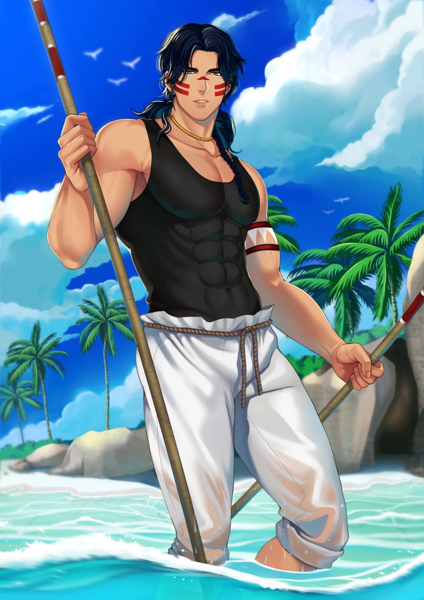 1boy abs biceps big_pecs big_pectorals black_hair braid cloud collarbone earrings eight_pack grey_eyes hi_res holding_object holding_stick jouvru_(joberu) large_pecs large_pectorals lips long_hair looking_at_viewer male male_breasts male_only mature_male morning mother's_spirit muscles muscular muscular_arms muscular_male necklace nipples_visible_through_clothing outdoors palm_tree pants pecs qaltaqa rolled_up_sleeves rope seagull seaside shallow_water six_pack solo standing standing_in_water sunny sweat sweatdrop tanktop tattoo tattooed_arm thick_eyebrows tight_clothing translucent_clothing tribal tribal_markings tribal_tattoo veiny_arms veiny_muscles very_high_resolution wet yaoi