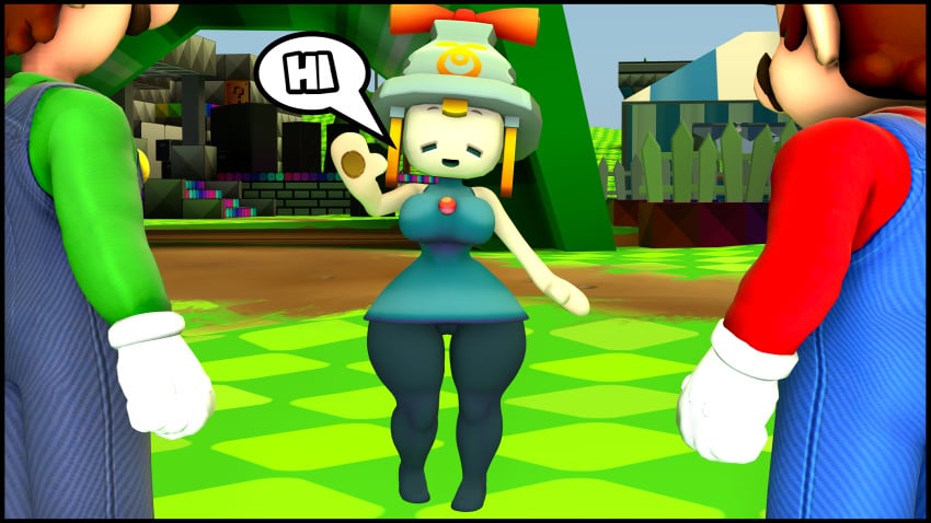 1girls 2boys 3d 3d_(artwork) blue_overalls breasts clothing connie_(mario) dialogue english_text female gloves green_shirt hourglass_figure human humanoid kabalmystic luigi male mario mario_(series) mario_and_luigi:_brothership mario_and_luigi_(series) nintendo outdoors red_shirt text waving wide_hips