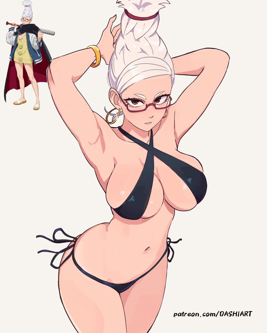 1girls armpits arms_behind_head arms_up ayase_momo bikini black_bikini bracelet brown_eyes dandadan dashi_art earrings female gilf glasses hoop_earrings long_hair reference_image solo solo_female white_hair