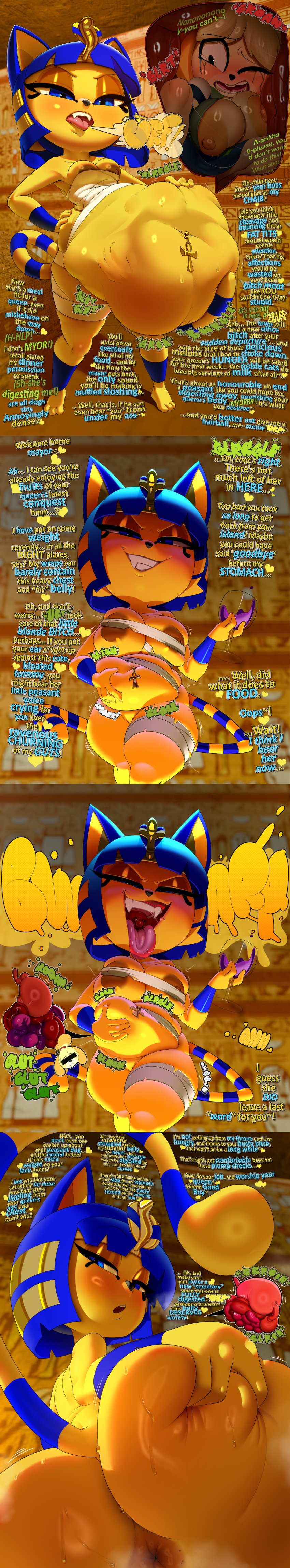 2girls animal_crossing ankha ankha_(animal_crossing) ass ass belly belly_bulge big_ass big_belly big_belly_bulge big_breasts big_breasts big_butt blush blush blushing_at_viewer breasts breasts digestion fangs fatal fatal_vore female_focus female_pred female_prey isabelle_(animal_crossing) nintendo onomatopoeia oral_vore post_digestion sharp_teeth soft_vore vore vore_belly