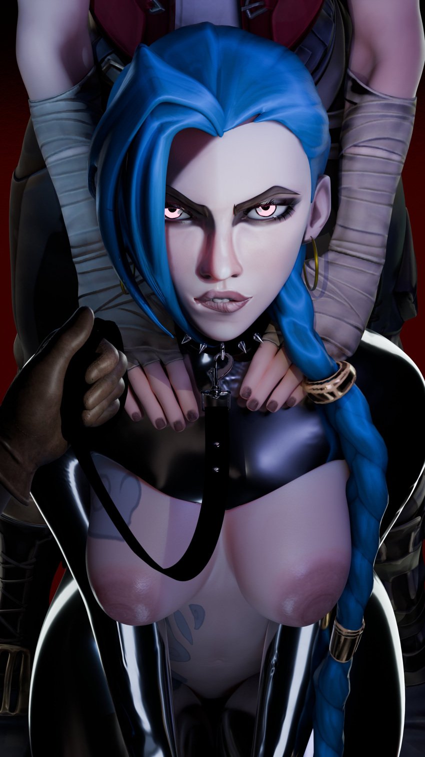 2girls 3d 3d_(artwork) blue_hair blue_hair_female breasts collar exposed_boobs exposed_breasts gloved_hands gloves jinx_(league_of_legends) kojimations league_of_legends leash light-skinned_female light_skin looking_at_viewer pov vi vi_(league_of_legends)