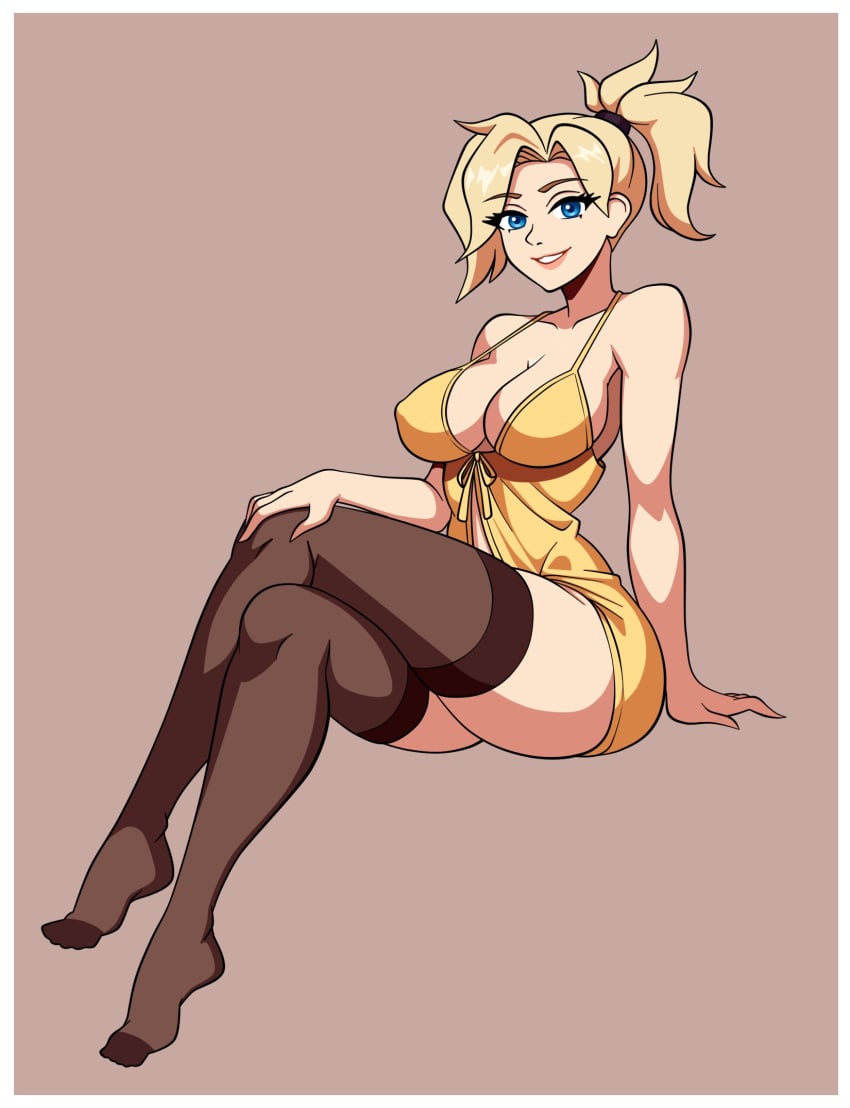 cleavage cleavage_dress female legs_crossed mercy mercy_(overwatch) overwatch pinup solo stockings woomy1010