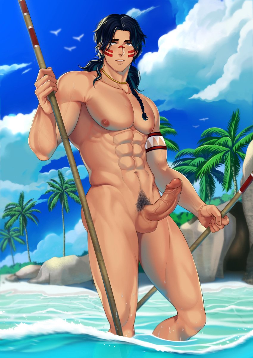 1boy abs ass_visible_through_thighs balls biceps big_areola big_breasts big_penis black_hair blush braid cloud collarbone completely_nude earrings eight_pack erection foreskin_folds grey_eyes happy_trail hi_res holding_object holding_stick jouvru_(joberu) lips long_hair looking_at_viewer male male_breasts male_only mature_male morning mother&#039;s_spirit muscles muscular muscular_arms muscular_male necklace oppai outdoor_nudity palm_tree pecs pubic_hair qaltaqa seagull seaside shallow_water six_pack solo standing standing_in_water sunny sweat sweatdrop tattoo tattooed_arm thick_eyebrows thick_penis translucent_clothing tribal tribal_markings tribal_tattoo uncensored veiny_arms veiny_muscles veiny_penis very_high_resolution wet yaoi