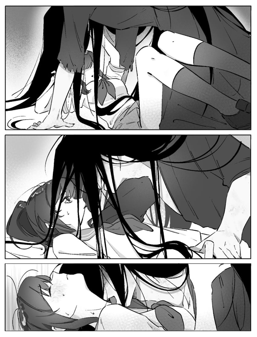 1boy 1boy1girl 1girls black_and_white black_hair blush blush_lines comic comic_panel comic_strip dark_hair eyeless eyeless_male female gripping gripping_shoulders holding_leg holding_shoulder homicipher licking_neck long_black_hair long_hair long_hair_male male mc_(homicipher) mr_crawling pinned pinned_down pinned_to_floor pleated_skirt ponytail sailor_collar school_uniform schoolgirl spread_legs spreading_legs sweat sweatdrop sweating sweaty sweaty_face sweaty_neck youniao