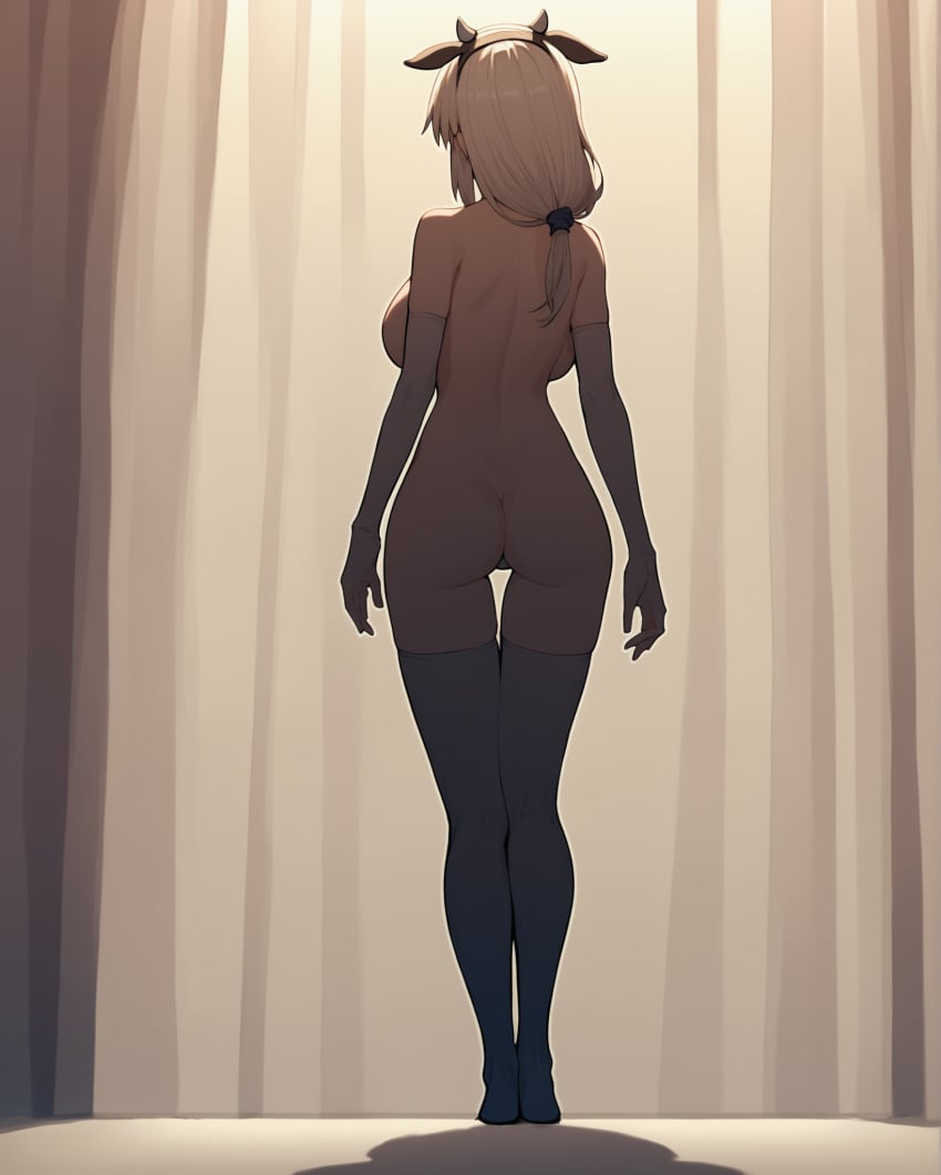 ai_generated ass ass_focus back back_view backboob cow_ears cow_horns curtains curvy detached_sleeves elbow_gloves facing_away fake_animal_ears gluteal_fold grey_hair large_breasts mature_female milf notreallyhere scrunchie shadow silhouette skindentation standing thigh_gap thighhighs uzaki-chan_wa_asobitai! uzaki_tsuki