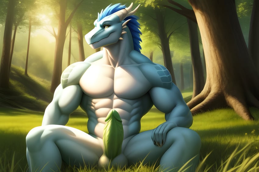 ai_generated anthro balls dragon face facing_viewer forest front_view full_body furry grass green_penis hd_resolution in_frame long_penis masterpiece muscles muscular sitting small visible white_chest white_fur