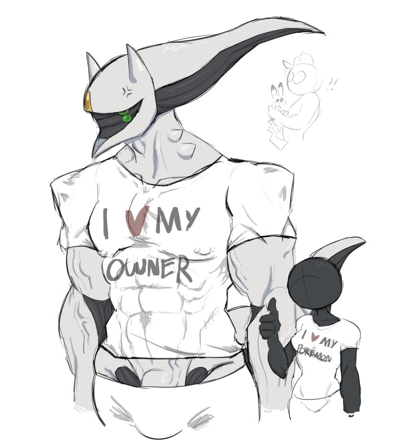 angry anonymous anonymous_female arceus bulge bulge_through_clothing male/female matching_outfit muscular muscular_male nipple_piercing pokemon pokemon_(species) size_difference thumbs_up veins xawenoff