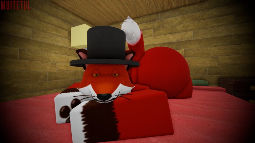 1boy anthro bed big_ass big_ass_(male) big_butt canid canine fancy_fox_(roblox) femboy fox fox_ears fox_tail furry furry_only half-closed_eyes lamp male male_focus male_only muitetul on_bed paws red_body red_fur roblox robloxian tagme tail top_hat whiskers yellow_eyes