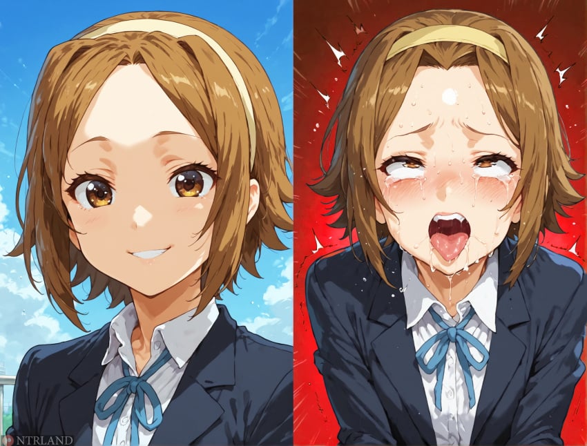 ahe_gao ai_generated brown_eyes brown_hair clothes eyes_rolling_back female hairband k-on! ntrland portrait ritsu_tainaka_(k-on!) school_uniform schoolgirl simple_background sky smile solo tongue tongue_out watermark