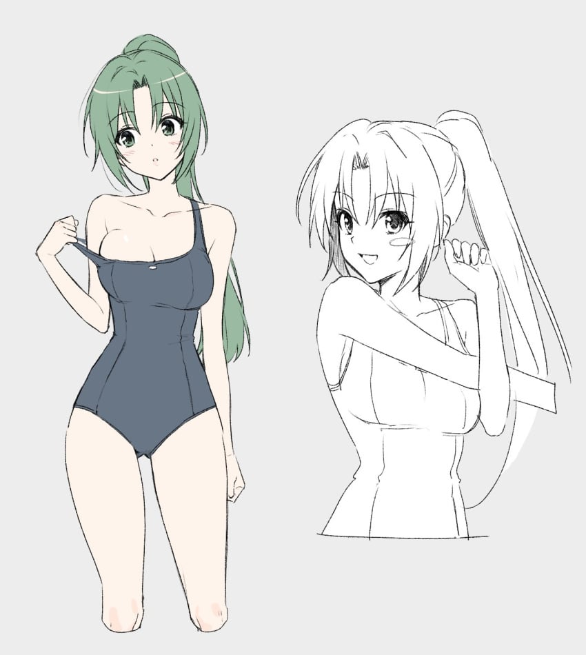 07th_expansion bare_arms bare_legs bare_shoulders bare_thighs big_breasts blush breasts cleavage collarbone green_eyes green_hair higurashi_no_naku_koro_ni long_hair mion_sonozaki nonanonnon6u6 one-piece_swimsuit open_mouth parted_lips ponytail school_swimsuit smile strap_pull stretching swimsuit swimsuit_pull thighs