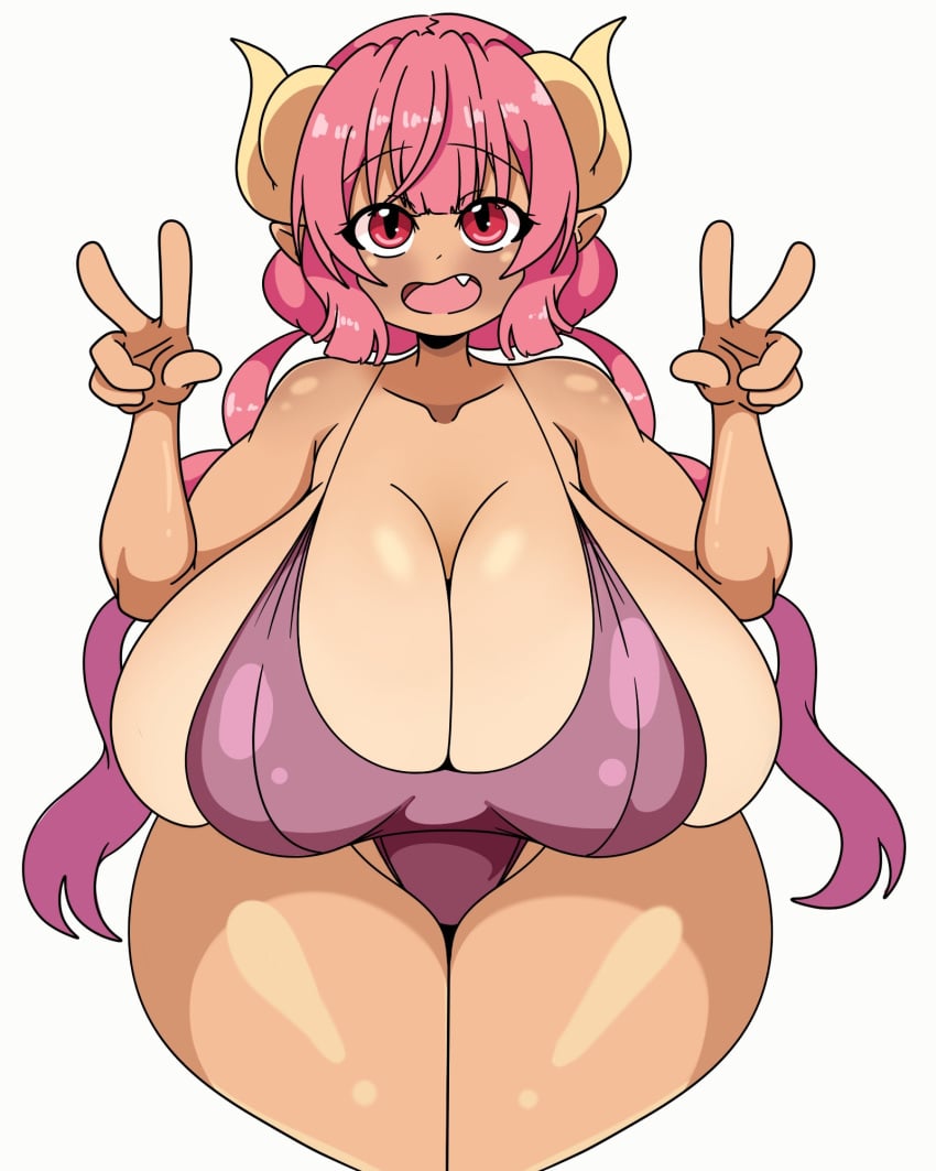 curvy dark_skin double_peace_sign gigantic_breasts ilulu_(dragon_maid) inakotho miss_kobayashi&#039;s_dragon_maid one-piece_swimsuit plump tan_skin thick_thighs voluptuous wide_hips