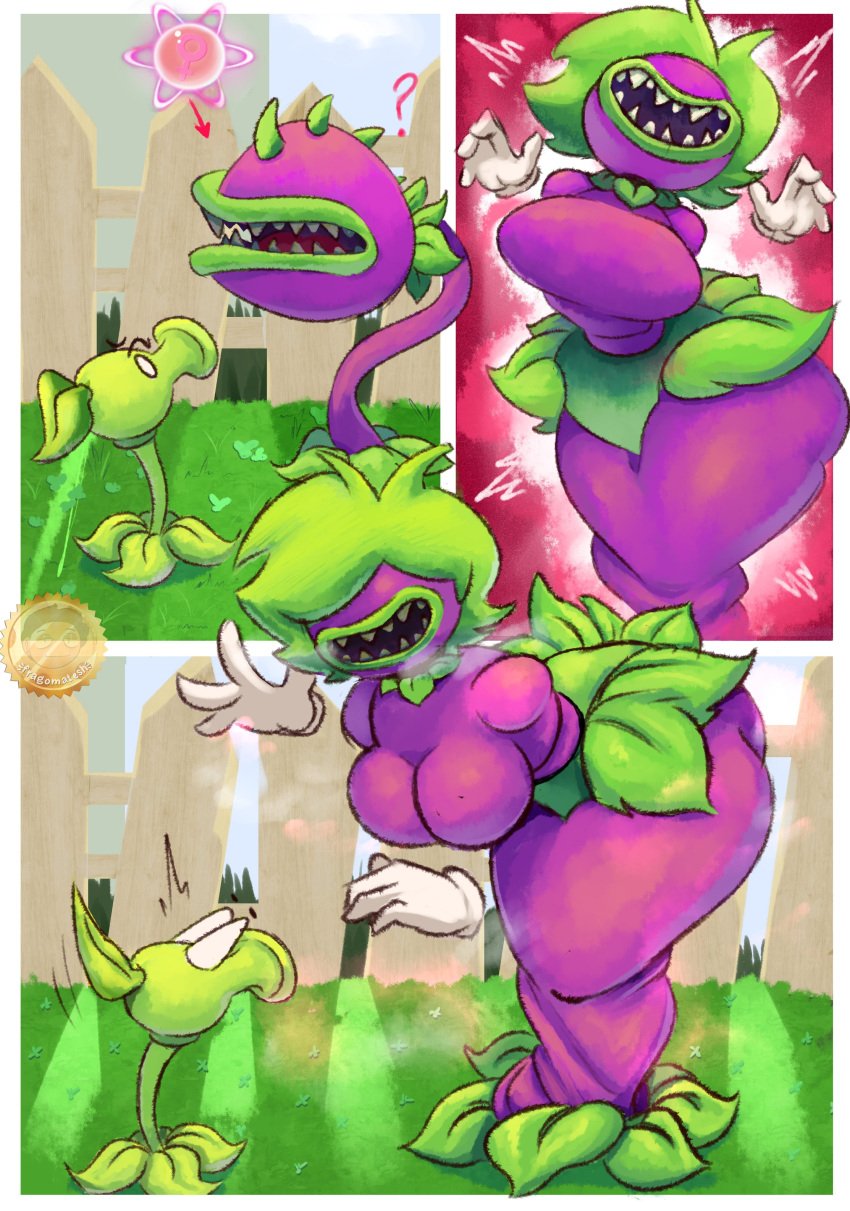 breasts chomper_(pvz) cleavage covering_eyes dress flora_fauna fragomatesh green_hair hair_covering_eye hair_covering_eyes lips no_eyes peashooter_(pvz) plant plants_vs_zombies purple_body thick_thighs transformation