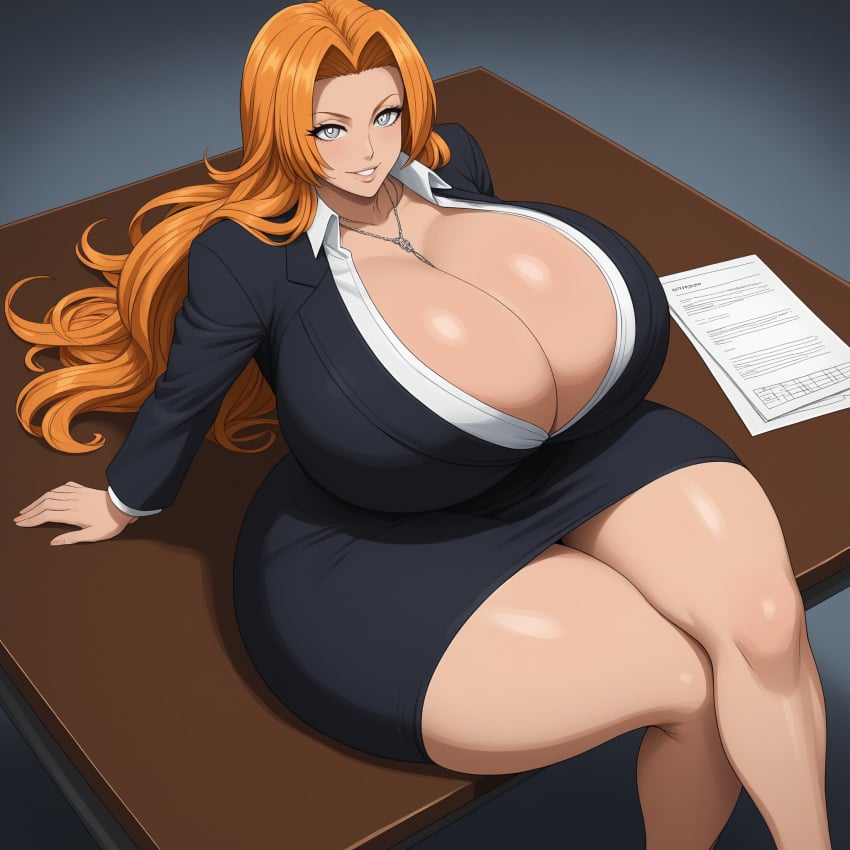 1girls ai_generated big_breasts blazer bleach breasts_bigger_than_head cleavage curvaceous curvy_female desk female female_only large_breasts light_skin long_hair looking_at_viewer maddersky87 matsumoto_rangiku miniskirt necklace office_lady orange_hair pencil_skirt secretary sitting_down smiling thick thick_thighs voluptuous voluptuous_female wide_hips