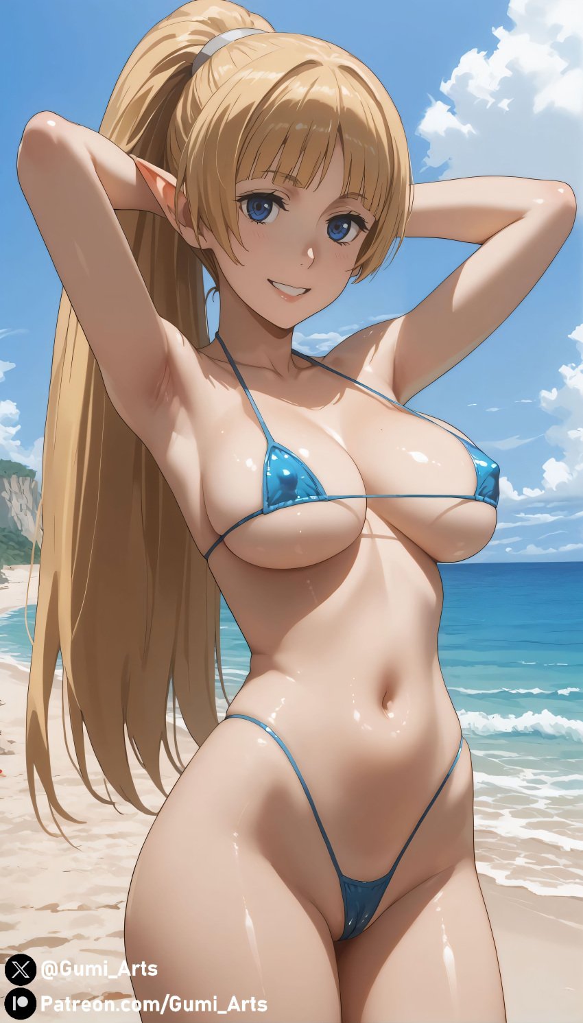 1girls ai_generated almost_naked armpits beach bikini blue_eyes dungeon_ni_deai_wo_motomeru_no_wa_machigatteiru_darou_ka elf elf_ears elf_female female gumi_arts highres large_ass large_breasts lefiya_viridis long_hair nipples nipples_visible_through_clothing orange_hair ponytail posing shiny_skin smile string_bikini thick_thighs wide_hips