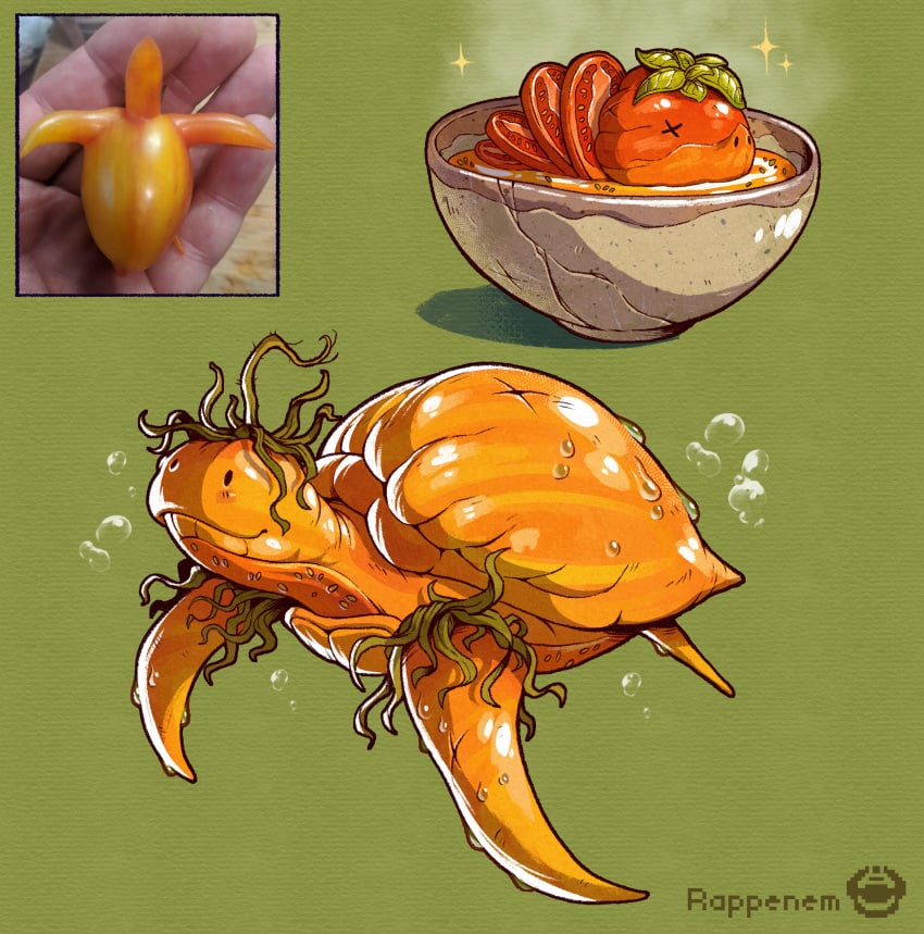 2024 absurd_res ambiguous_gender bowl candy_gore container elemental_creature feral flora_fauna food food_creature fruit gore green_background hi_res living_fruit orange_body plant rappenem reference_image reptile scalie simple_background solo tomato turtle