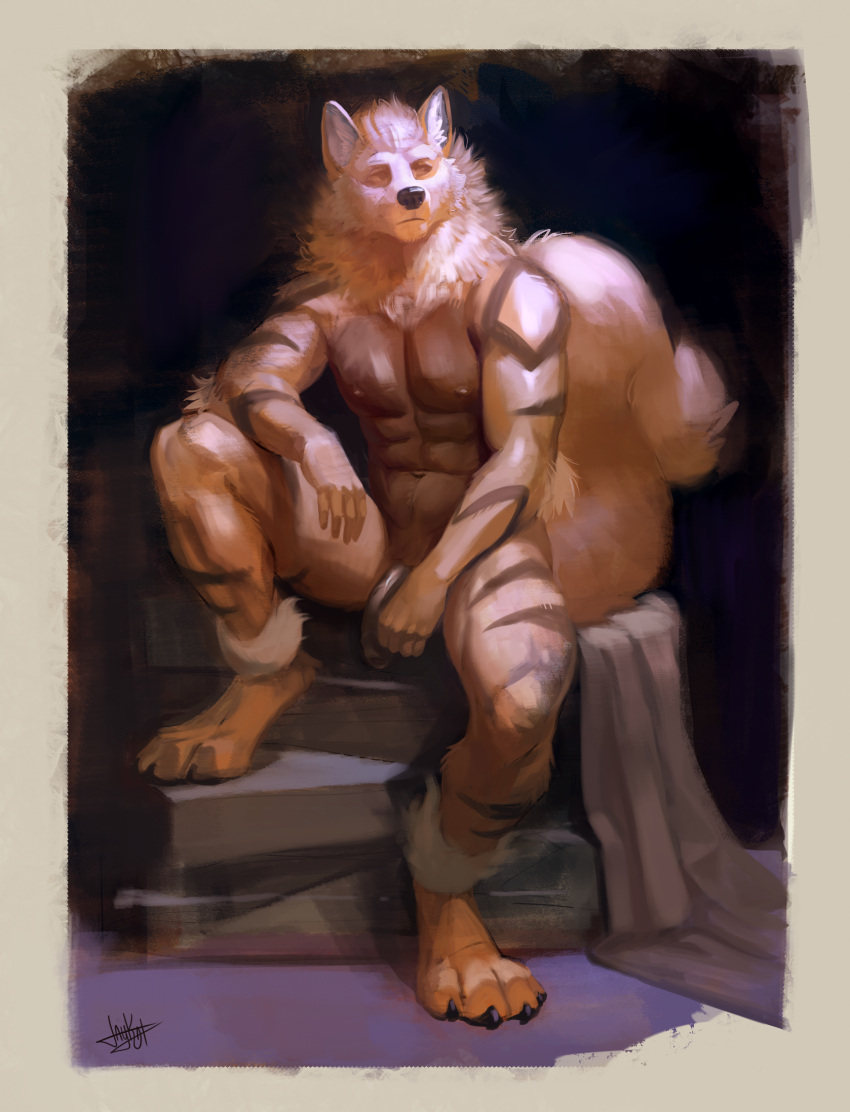 2024 abs anthro arcanine athletic athletic_anthro athletic_male fur generation_1_pokemon genitals hi_res humanoid_genitalia humanoid_penis jaykat looking_away male nintendo nipples nude nude_modelling penis pokemon pokemon_(species) sitting solo striped_body striped_fur stripes tail