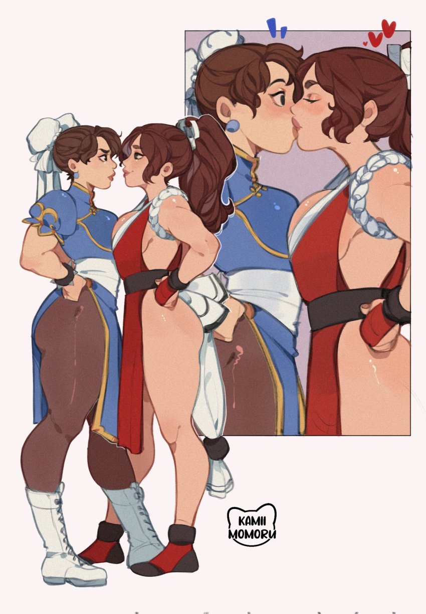 chun-li crossover fatal_fury kamii_momoru king_of_fighters kissing lesbian_kiss mai_shiranui street_fighter surprise_kiss yuri