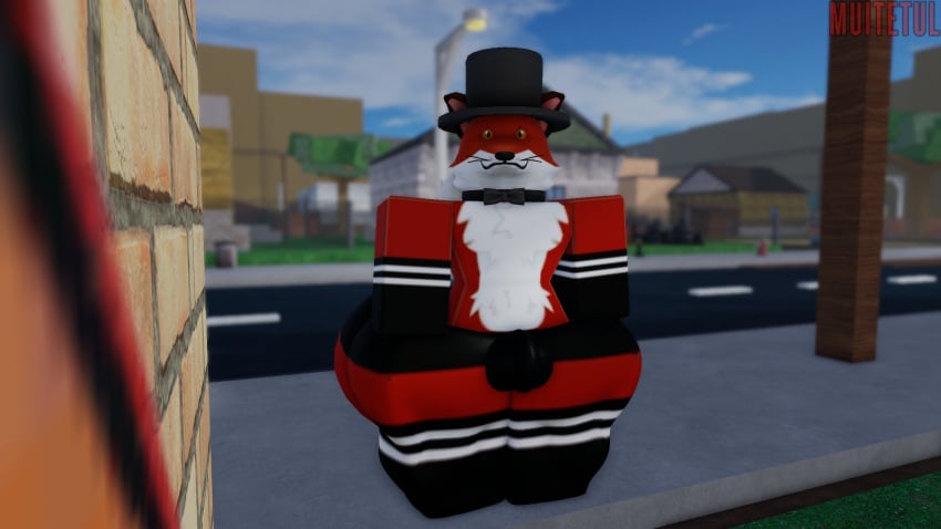 1boy 1femboy anthro armwear big_ass big_ass_(male) big_butt bowtie brick_wall bulge bulge_through_clothing canid canine collar fancy_fox_(roblox) femboy femboy_only fox fox_ears fox_tail furry furry_only graffiti looking_at_viewer male male_focus male_only muitetul red_body red_fur roblox robloxian shorts sidewalk street tagme tail thick_thighs thighhighs thighs top_hat whiskers yellow_eyes