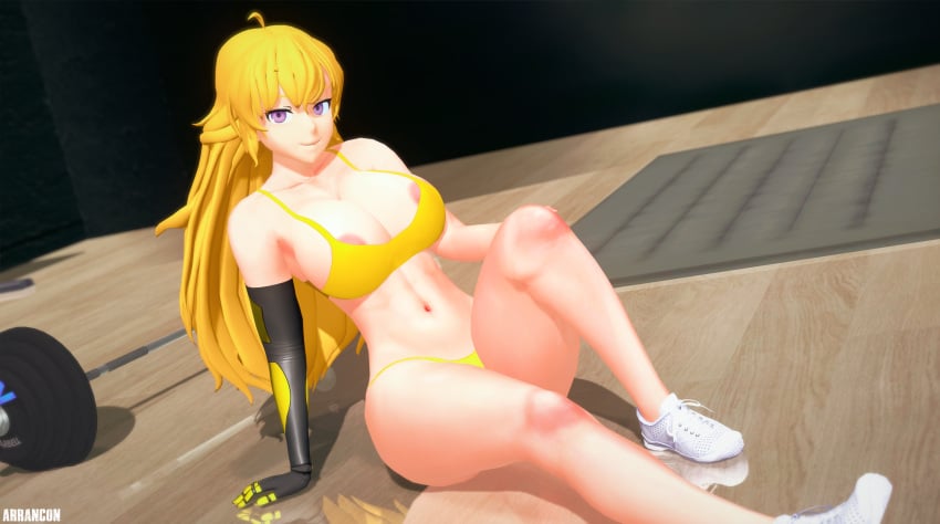 1girls arrancon big_breasts blonde_female blonde_hair breasts half-dressed half_naked long_hair long_hair_female nipple_slip panties pose posing purple_eyes robotic_arm rwby solo_female weights yang_xiao_long