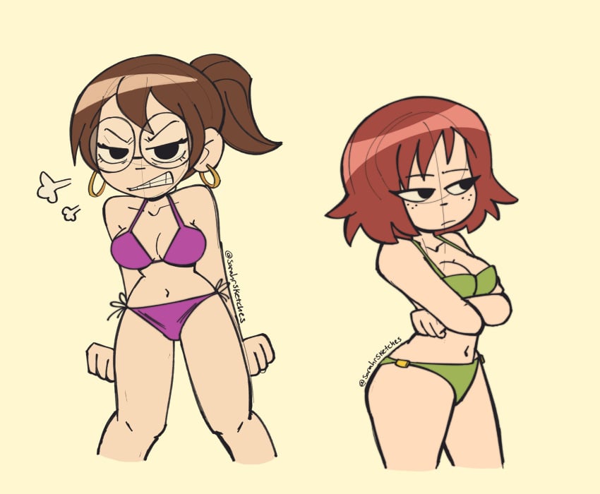 2girls annoyed artist_name bikini brown_hair busty cleavage crossed_arms female female_only freckles glasses hi_res julie_powers kim_pine large_breasts legs looking_at_viewer navel ponytail scott_pilgrim short_hair solo thighs voluptuous