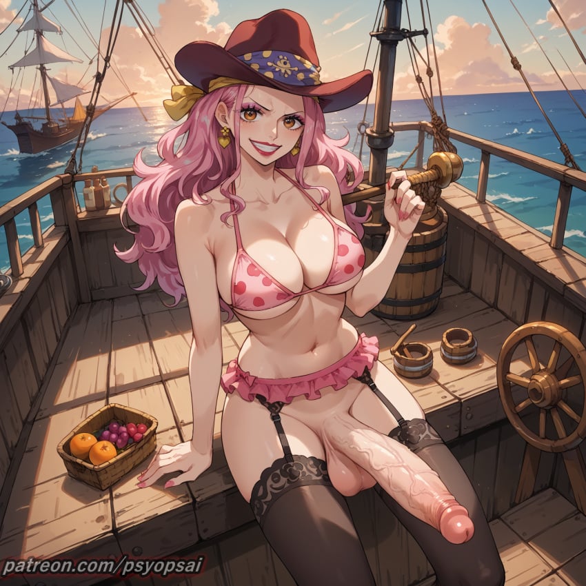 1futa ai_generated artist_name big_balls big_mom big_penis bra colored digital_media_(artwork) erection from_below front_view futa_only futanari hat long_hair looking_at_viewer one_piece pink_hair pirate psyopsai sitting skirt smile smiling solo solo_focus stockings uncensored watermark young_big_mom