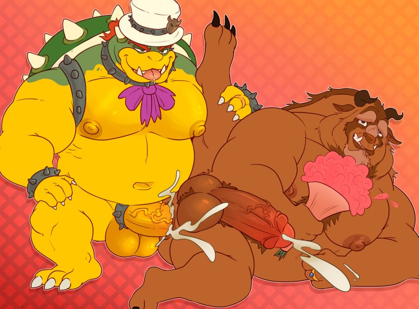 2boys anal anal_sex anthro anthro_on_anthro anthro_penetrated anthro_penetrating_anthro balls ballsack beast_(disney) beauty_and_the_beast belly big_belly bouquet bowser brown_fur crossover cum cum_in_anus cumshot disney duo eastern_and_western_character ejaculation fat fat_belly fur furry furry_only gay gay_sex haxsmack horns interspecies koopa large_penis leg_up male male/male male_nipples mammal mario_(series) moobs muscular muscular_anthro muscular_male nintendo nipples obese obese_anthro obese_male overweight overweight_anthro overweight_male penis penis_in_anus reptile ring scalie sex shell spiked_shell tongue tongue_out tophat