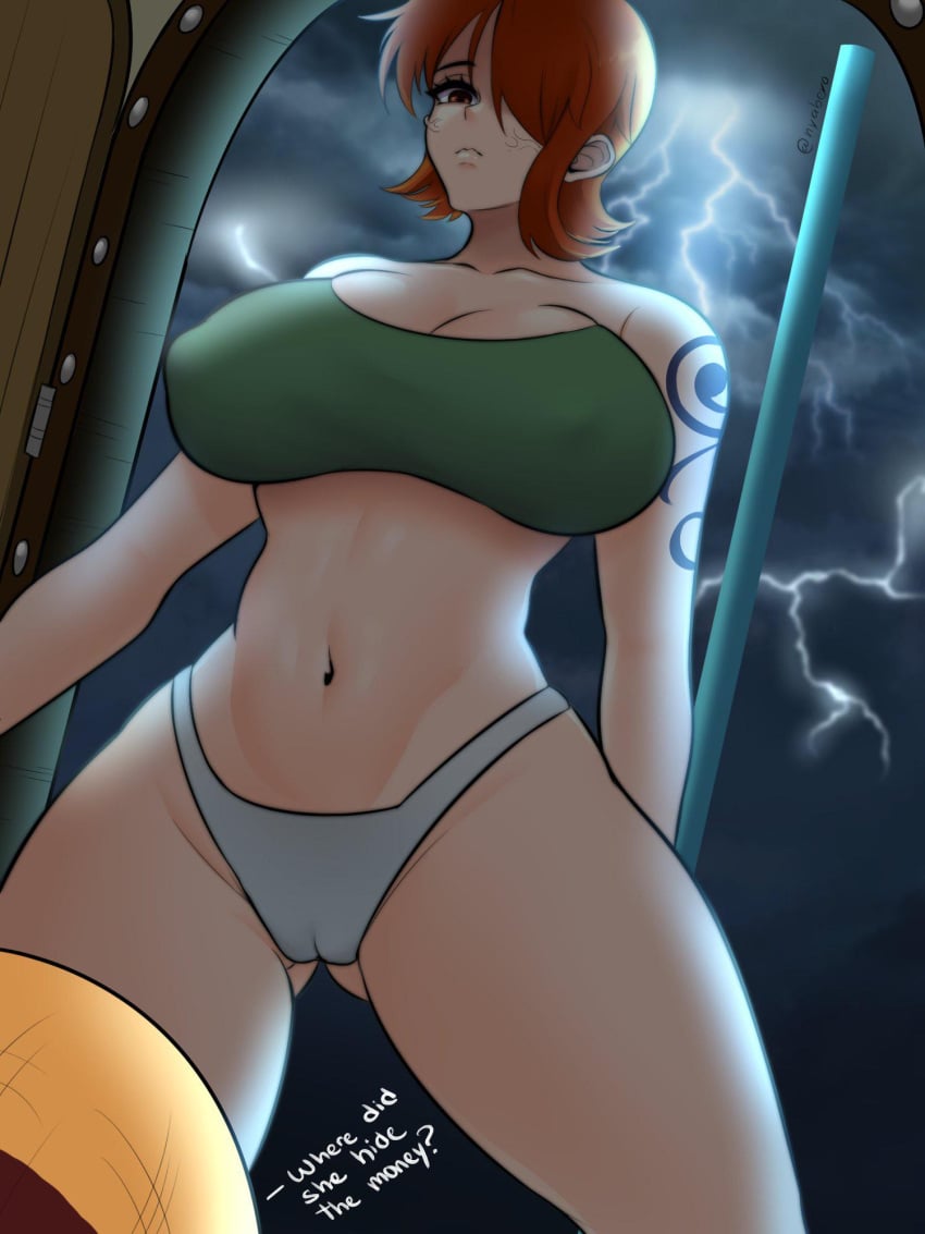 barely_clothed cameltoe door doorway entering_room female female_only green_topwear guabeyo hat indoors lightning midriff monkey_d_luffy nami nami_(one_piece) nipples_visible_through_clothing nyabeyo one_eye_obstructed one_piece orange_hair pre-timeskip short_hair shounen_jump storm straw_hat tagme tattoo tattooed_arm thick_thighs thong white_thong