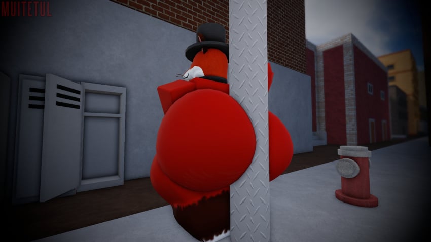 1boy 1femboy 3d anthro big_ass big_ass_(male) big_butt brick_wall canid canine collar fancy_fox_(roblox) femboy femboy_only fire_hydrant fluffy_tail fox fox_ears fox_tail furry furry_only huge_ass huge_butt locker looking_at_viewer male male_focus male_only muitetul pole pole_between_ass red_body red_fur roblox robloxian sidewalk street tagme tail thick_thighs thighs top_hat whiskers