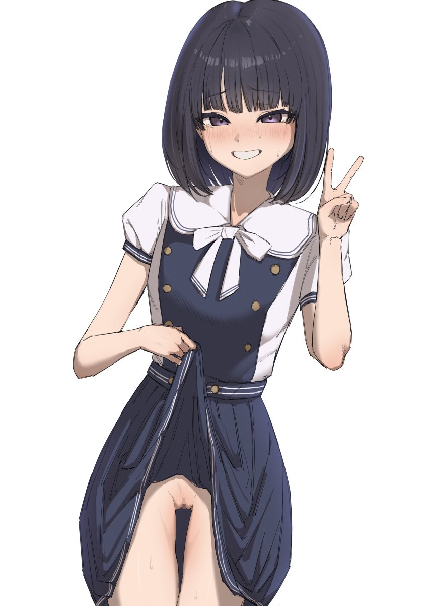 absurdres ass_visible_through_thighs black_eyes black_hair blue_shirt blue_skirt blunt_bangs bow bowtie censored clothes_lift commentary_request commission female flashing grin highres himenogi_rinze kaekae_kaeru lifting_own_clothes looking_at_viewer love_r mosaic_censoring no_panties pleated_skirt pussy sailor_collar shirt short_hair short_sleeves simple_background skeb_commission skirt skirt_lift smile solo sweat two-tone_shirt v white_background white_bow white_bowtie white_sailor_collar white_shirt