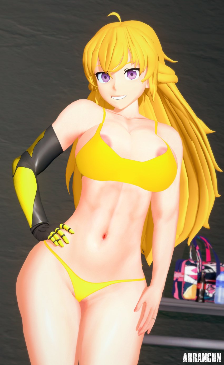 1girls arrancon big_breasts blonde_female blonde_hair breasts half-dressed half_naked hand_on_hip long_hair long_hair_female nipple_slip panties purple_eyes robotic_arm rwby solo_female yang_xiao_long