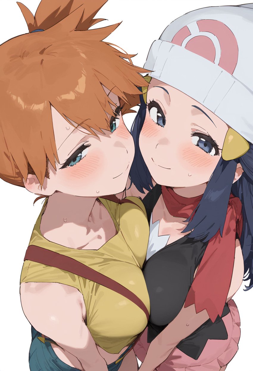 2girls ai_generated asymmetrical_hair bangs bare_shoulders beanie black_hair blue_eyes blue_hair blush breast-to-breast breast_press breasts cleavage closed_mouth clothing dawn_(pokemon) denim denim_shorts eyelashes female hat headwear hitsuki_club kasumi_(pokemon) large_breasts long_hair looking_at_viewer medium_breasts multiple_girls neckwear orange_hair pink_skirt pokemon ponytail red_neckwear red_scarf scarf shirt short_hair short_shorts shorts side_ponytail skirt sleeveless sleeveless_shirt small_breasts smile suspenders sweat tank_top thighs tied_hair white_headwear yellow_shirt