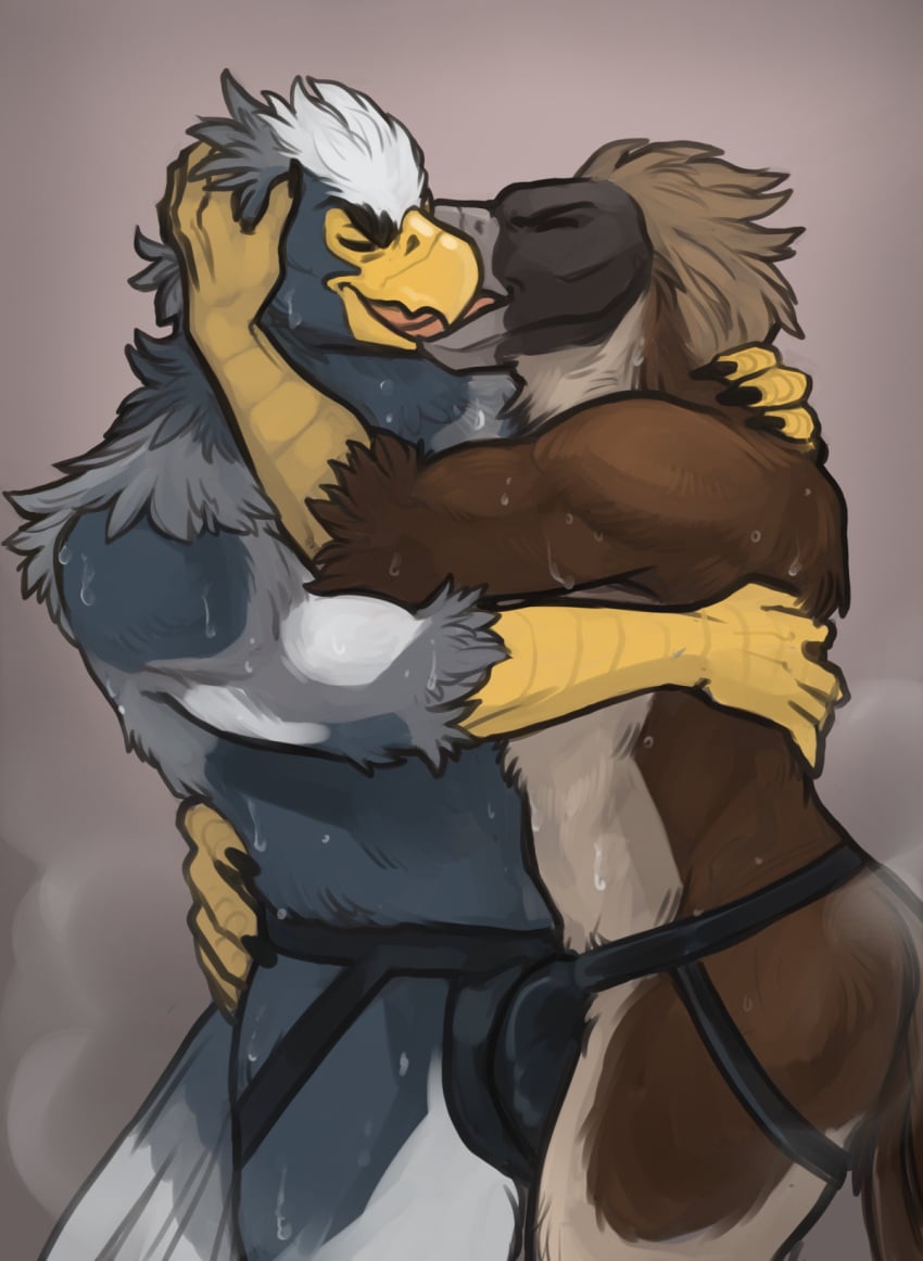 accipitrid accipitriform anthro arms_around_partner avian bird bodily_fluids bulge bulge_rubbing clothing duo eagle french_kissing hand_on_face hi_res hug jockstrap kissing male male/male muscular muscular_male musk philippine_eagle pirate_eagle sea_eagle steller's_sea_eagle sweat torakuta underwear