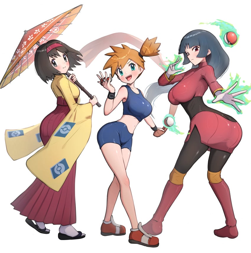 3girls absurdres aqua_eyes ass big_ass bike_shorts black_bodysuit black_hair blue_hair blunt_bangs blush bodysuit bodysuit_under_clothes breasts brown_hair coin commentary_request crop_top dark_blue_hair erika_(pokemon) full_body gameplay_mechanics gloves gonzarez hairband headband highres hime_cut holding holding_umbrella huge_ass huge_breasts jacket japanese_clothes kasumi_(pokemon) kimono large_ass large_breasts long_hair long_sleeves looking_at_viewer medium_breasts midriff multiple_girls navel nintendo oil-paper_umbrella open_mouth pencil_skirt poke_ball poke_ball_(basic) pokemon pokemon_frlg pokemon_tcg pokemon_tcg_pocket red_eyes red_hairband red_jacket red_skirt red_umbrella sabrina_(pokemon) sandals short_hair side_slit simple_background skirt smile standing teeth telekinesis thick_ass thighs tongue tongue_out turtleneck turtleneck_jacket twisted_torso umbrella upper_teeth_only white_background white_gloves yellow_kimono