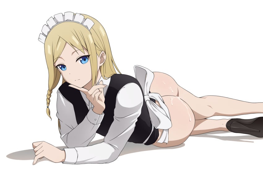 absurdres ass black_footwear black_vest blonde_hair blue_eyes closed_mouth coro_fae cum cum_on_ass cum_on_body expressionless female hayasaka_ai high_heels highres index_finger_raised kaguya-sama_wa_kokurasetai_~tensai-tachi_no_renai_zunousen~ looking_at_viewer lying maid_headdress on_side shadow shirt solo vest white_shirt