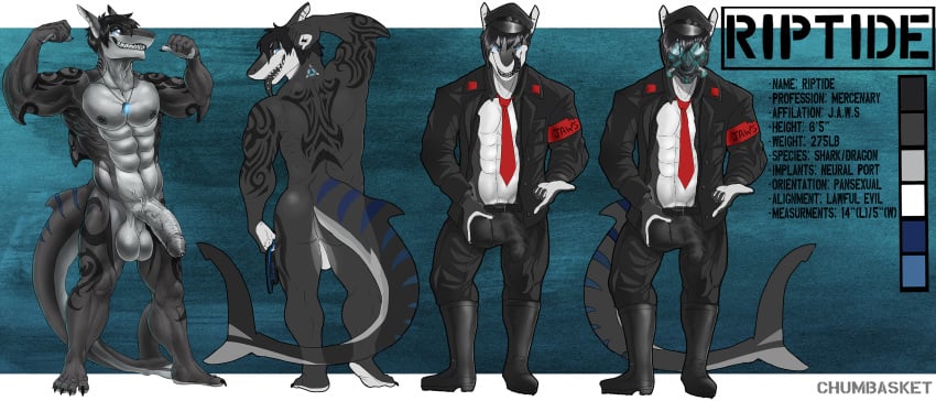 anthro balls black_bottomwear black_clothing black_footwear black_hair black_hat black_headwear black_jacket black_markings black_pants black_shoes black_topwear blue_eyes blue_markings bottomwear bulge chumbasket clothed clothing detailed_bulge fish flexing flexing_bicep footwear foreskin front_view fur genital_outline genitals grey_body grin hair hat headgear headwear hi_res humanoid_genitalia humanoid_penis jacket licking licking_lips licking_own_lips male male_anthro marine markings mask model_sheet muscular muscular_anthro muscular_male nude open_clothing open_jacket open_topwear pants penis penis_outline rear_view riptide_(riptideshark) shark short_hair simple_background smile solo standing striped_markings striped_tail stripes tail tail_markings tongue tongue_out topwear uncircumcised vein veiny_penis wearing_mask white_balls white_body white_clothing white_fur white_penis white_topwear