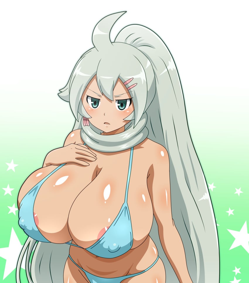 1girls ahoge big_breasts bikini blue_bikini blush female green_eyes green_hair hair_ornament hairclip hairy_(inazuma_eleven) inazuma_eleven inazuma_eleven_go inazuma_eleven_go_chrono_stone long_hair manto_(inazuma_eleven) nipple_bulge ponytail snowpowder198 solo solo_female star