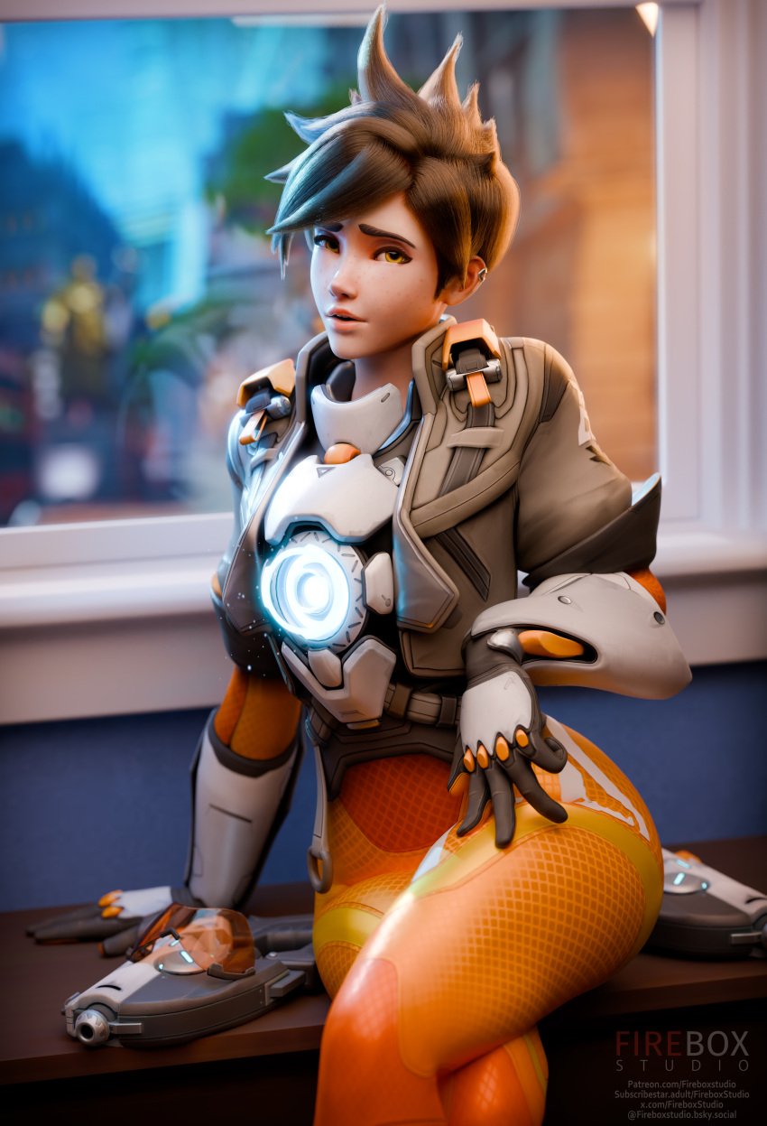 1girls 2024 3d 3d_(artwork) athletic athletic_female blender blizzard_entertainment bodysuit brown_hair clothed clothing cropped_jacket detailed_background female female_only fireboxstudio freckles freckles_on_face hi_res highres jacket lena_oxton light-skinned_female light_skin overwatch overwatch_2 pin_up pose posing presenting solo solo_focus standing tracer watermark