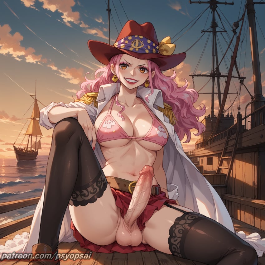 1futa ai_generated artist_name big_balls big_mom big_penis bra colored digital_media_(artwork) erection from_below front_view futa_only futanari hat long_hair looking_at_viewer one_piece pink_hair pirate psyopsai sitting skirt smile smiling solo solo_focus stockings uncensored watermark young_big_mom