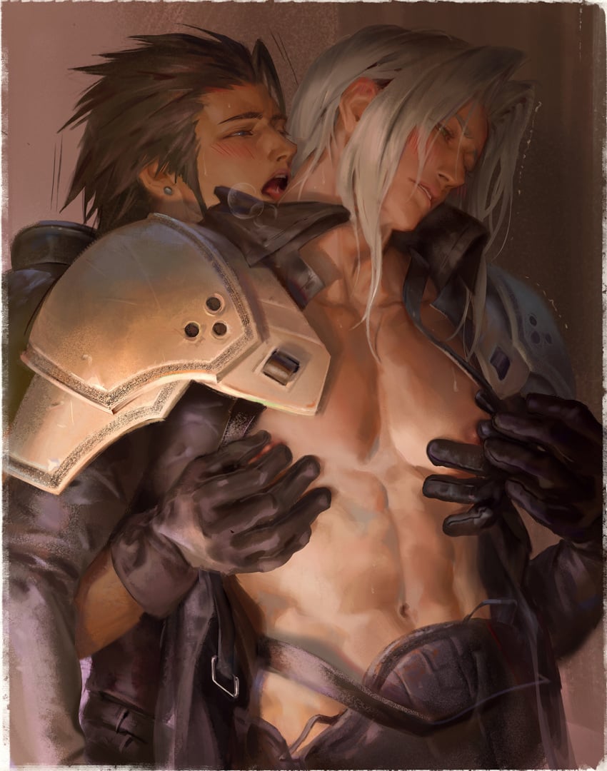 2boys black_hair blush color crisis_core_final_fantasy_vii exposed_torso final_fantasy final_fantasy_vii from_behind gay groping groping_breasts half-closed_eyes human human_only licking licking_neck light-skinned_male light_skin long_hair male male/male male_focus male_only muscular muscular_male nipples pauldrons sephiroth silver_hair solo solo_male spiky_hair submissive submissive_male tagme terribleaunt undressing yaoi zack_fair