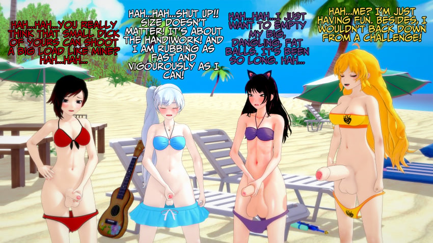 3d artist_request balls beach beach_chair beach_umbrella big_balls big_penis bikini bikini_bottom_down blake_belladonna blue_bikini dialogue dickgirl futa_only futanari guitar koikatsu masturbation masturbation_contest penis purple_bikini red_bikini ruby_rose rwby sex_competition small_balls small_penis small_penis_humiliation swimsuit text uncensored weiss_schnee yang_xiao_long yellow_bikini