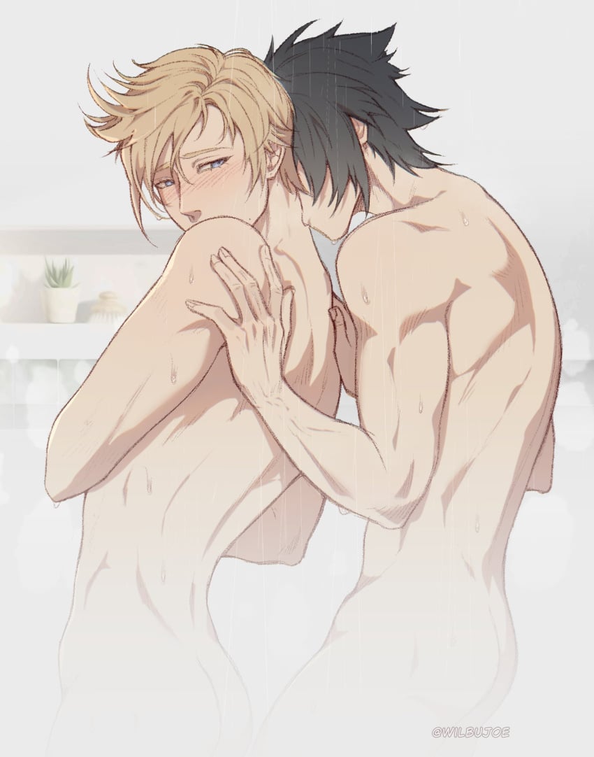 2boys black_hair blonde_hair blue_eyes blush final_fantasy final_fantasy_xv hair_between_eyes hands_on_another's_back highres kissing kissing_neck male_focus multiple_boys noctis_lucis_caelum nude plant potted_plant prompto_argentum short_hair steam twitter_username wet wilbujoe yaoi