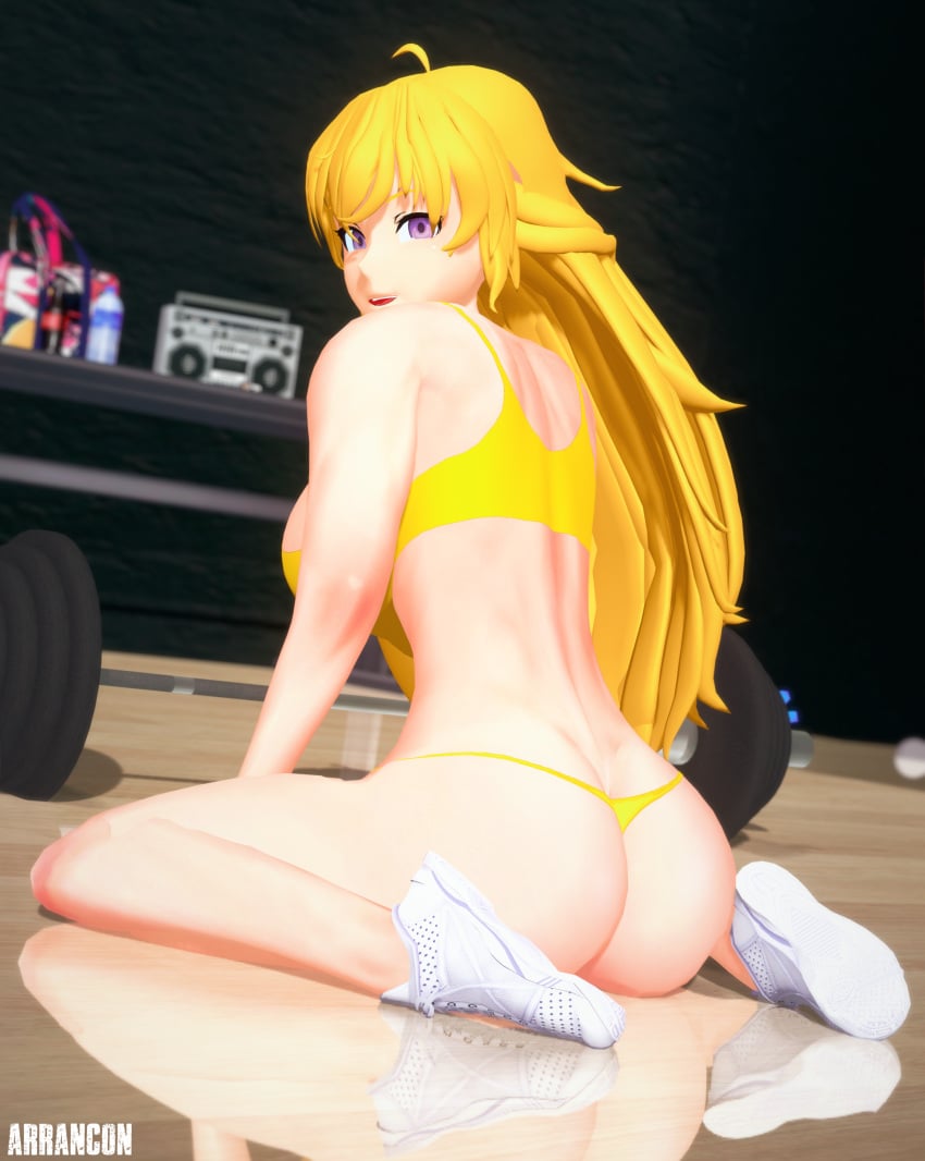 1girls arrancon ass ass_focus blonde_female blonde_hair half-dressed half_naked long_hair long_hair_female looking_back panties purple_eyes rwby solo_female yang_xiao_long