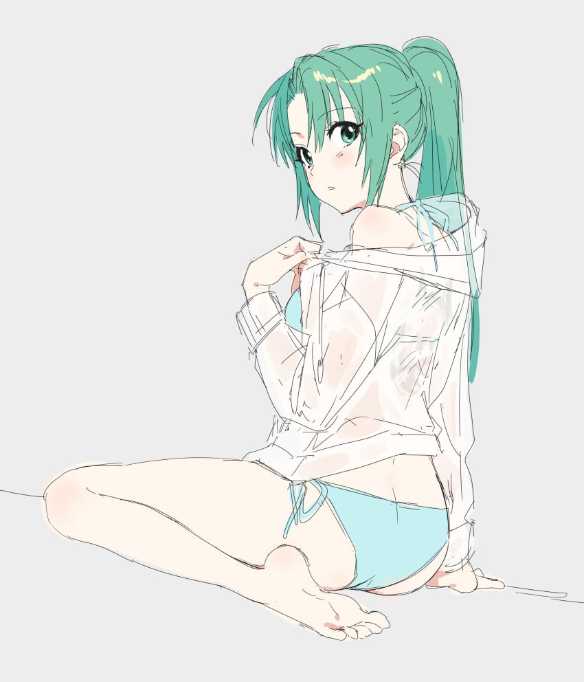 arm_support ass bare_legs bare_shoulders bare_thighs barefoot bikini_under_clothes blue_bikini blush body_blush feet green_eyes green_hair higurashi_no_naku_koro_ni long_hair long_sleeves mion_sonozaki nonanonnon6u6 parted_lips ponytail shirt side-tie_bikini_bottom sitting thighs toes wariza white_shirt