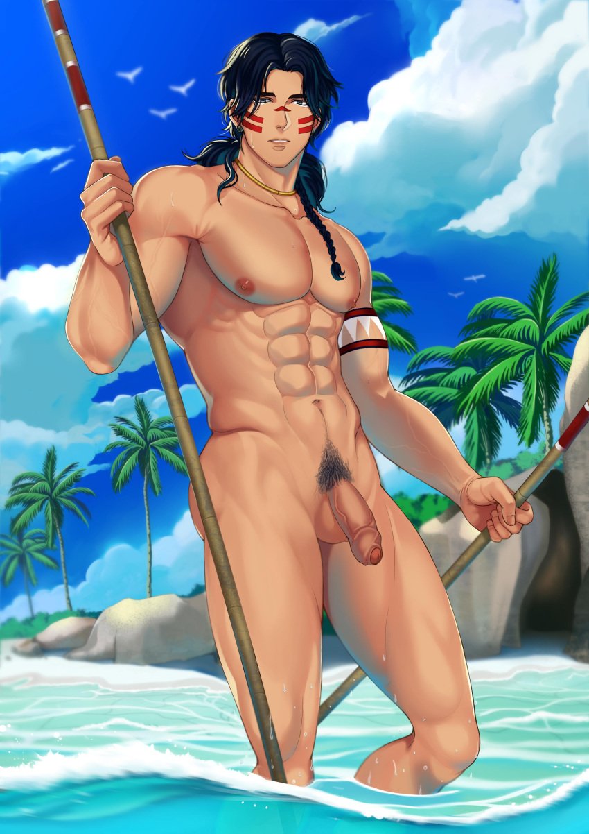 1boy abs ass_visible_through_thighs balls biceps big_areola big_breasts big_penis black_hair braid cloud collarbone completely_nude earrings eight_pack flaccid foreskin grey_eyes happy_trail hi_res holding_object holding_stick jouvru_(joberu) lips long_hair looking_at_viewer male male_breasts male_only mature_male morning mother's_spirit mother's_spirit muscles muscular muscular_arms muscular_male necklace oppai outdoor_nudity palm_tree pecs pubic_hair qaltaqa qaltaqa seagull seaside shallow_water six_pack solo standing standing_in_water sunny sweat sweatdrop tattoo tattooed_arm thick_eyebrows thick_penis translucent_clothing tribal tribal_markings tribal_tattoo uncensored uncut veiny_arms veiny_muscles veiny_penis very_high_resolution wet yaoi